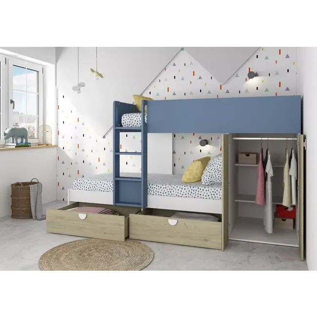 Trasman Stapelbed Flip met kast en 2 lades 90x190 cm - Witgrenen/blauw