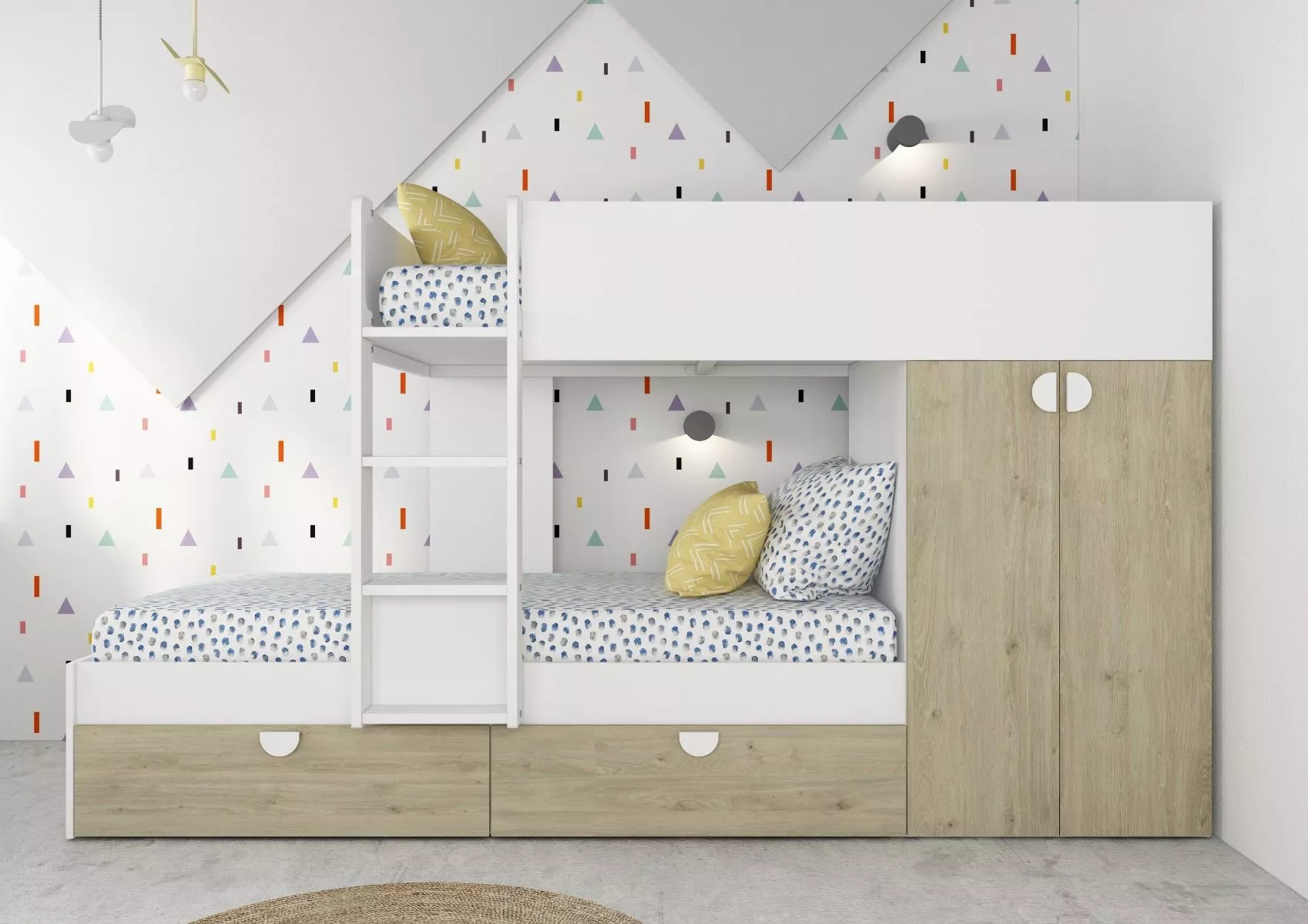 Stapelbed Flip met kast en 2 lades 90x190 cm - Witgrenen/wit