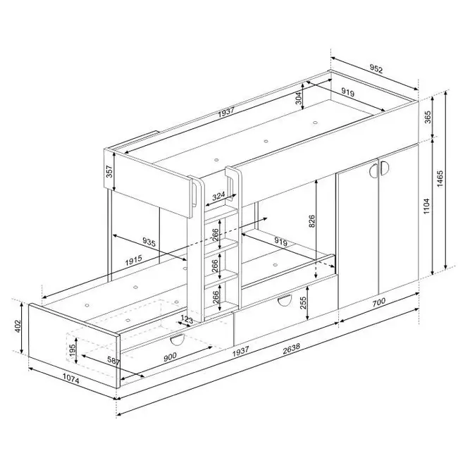 Trasman Stapelbed Flip met kast en 2 lades 90x190 cm - Witgrenen/ antraciet