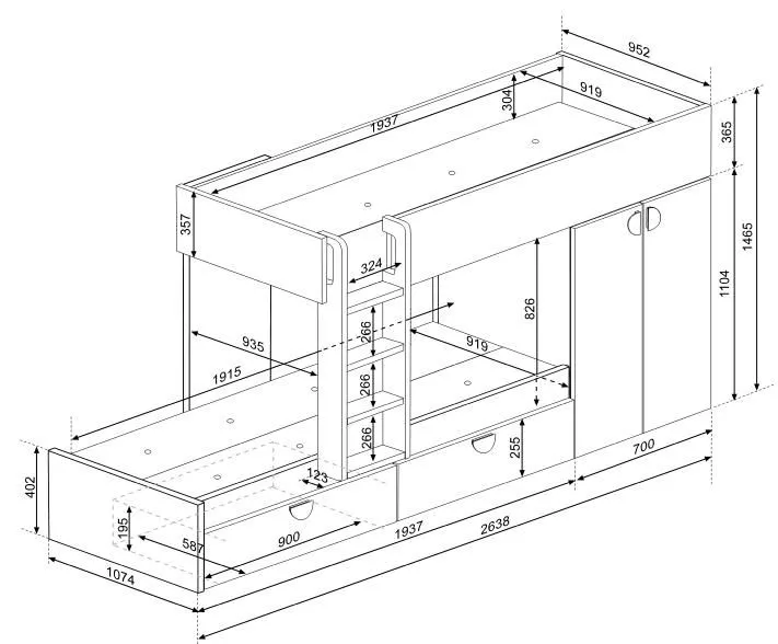 Trasman - Stapelbed Jip met kast & lades - 90x190 - Grijs