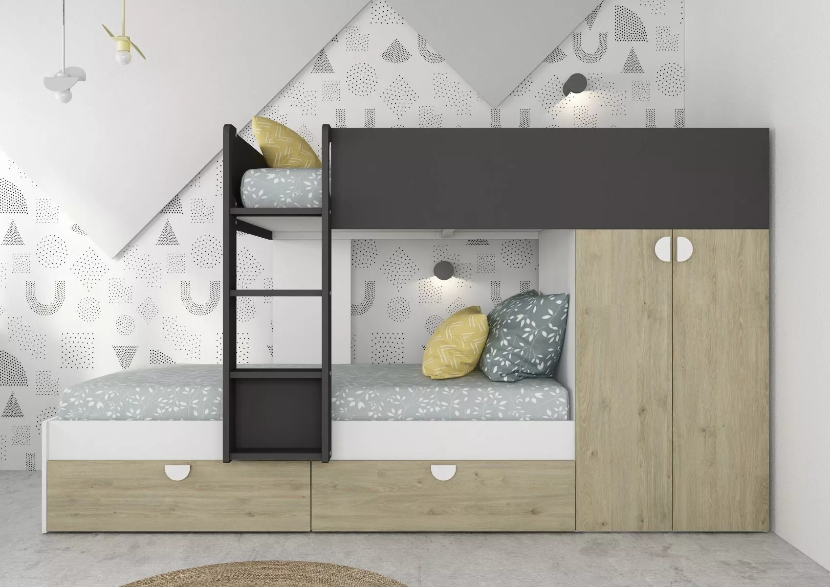 Stapelbed Flip met kast en 2 lades 90x190 cm - Witgrenen/ antraciet