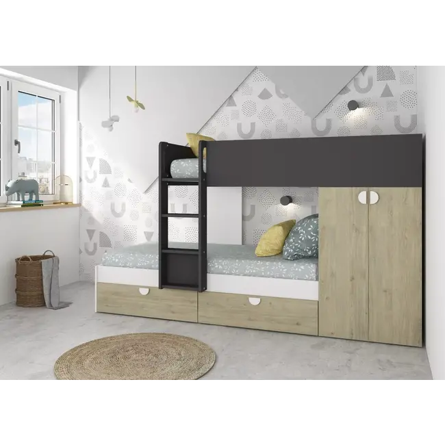 Trasman Stapelbed Flip met kast en 2 lades 90x190 cm - Witgrenen/ antraciet