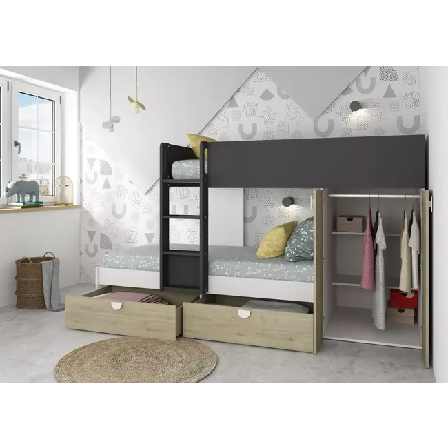 Trasman Stapelbed Flip met kast en 2 lades 90x190 cm - Witgrenen/ antraciet