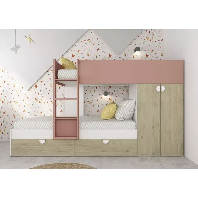 Trasman Stapelbed Flip met kast en 2 lades 90x190 cm - Witgrenen/Oudroze