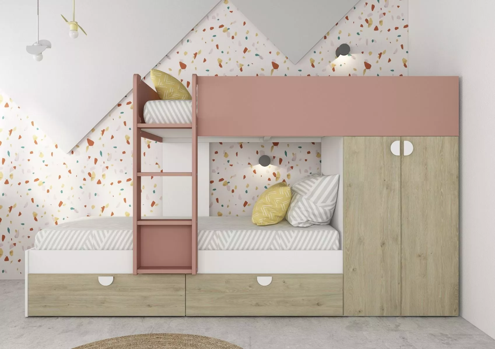 Stapelbed Flip met kast en 2 lades 90x190 cm - Witgrenen/Oudroze