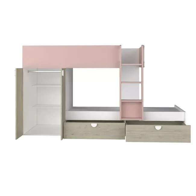 Trasman Stapelbed Flip met kast en 2 lades 90x190 cm - Witgrenen/Oudroze