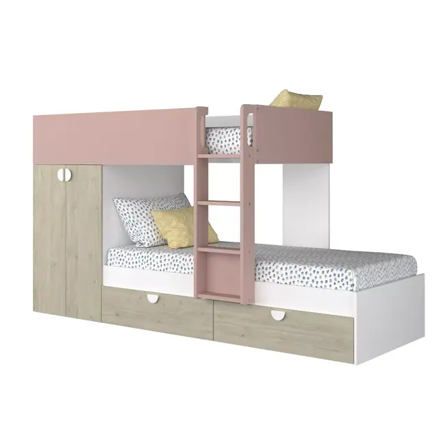 Trasman Stapelbed Flip met kast en 2 lades 90x190 cm - Witgrenen/Oudroze