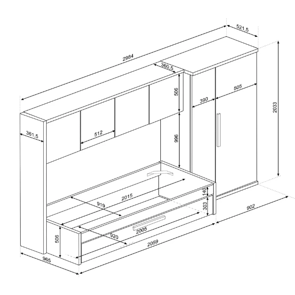 Bed Lev 90x200cm - Met kast en bedlade - Grenen/wit