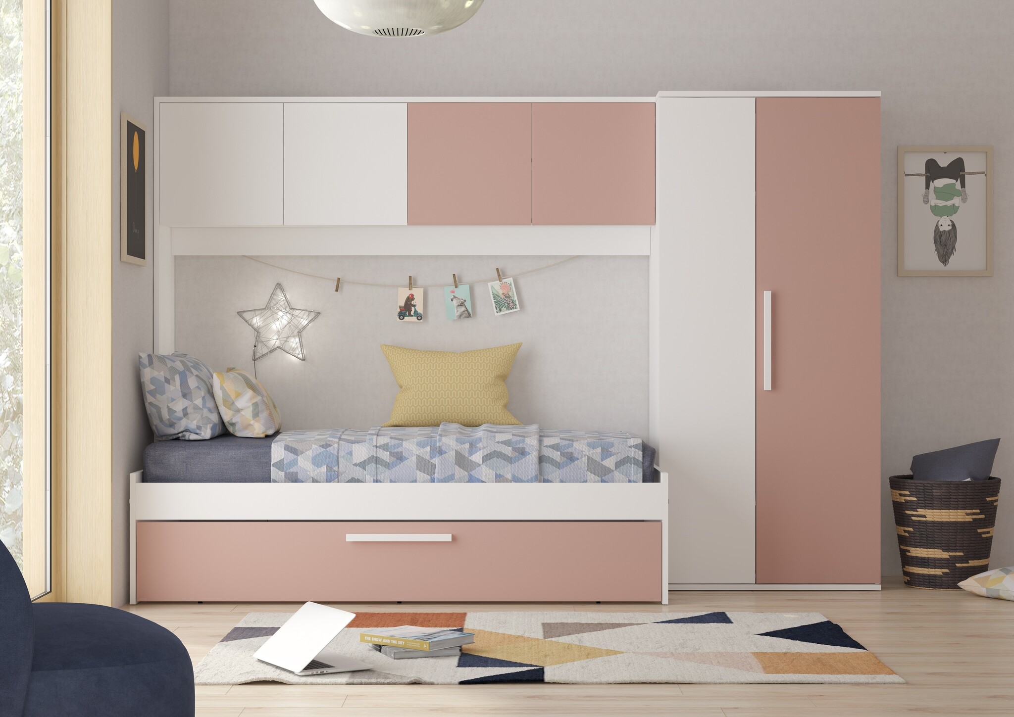 Kinderbed Artik met slaaplade en kast - Roze