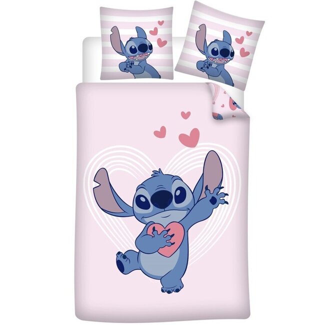 MerchandiseFever Disney Lilo & Stitch Dekbedovertrek, Hearts - Eenpersoons - 140 x 200 + 65 x 65 cm - Katoen