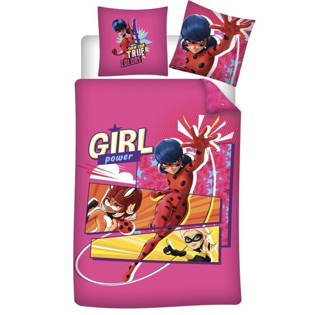 MerchandiseFever Miraculous Dekbedovertrek, Girl Power - 140 x 200 cm + 65 x 65 cm - Katoen