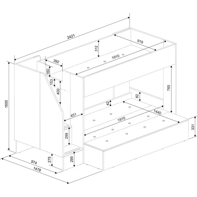 Trasman Stapelbed familiebed Easy 90/140x190 cm -Eikenkleur