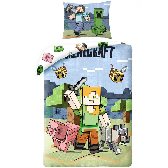 MerchandiseFever Minecraft Dekbedovertrek, Farm - Eenpersoons - 140 x 200 + 70 x 90 cm - Polyester