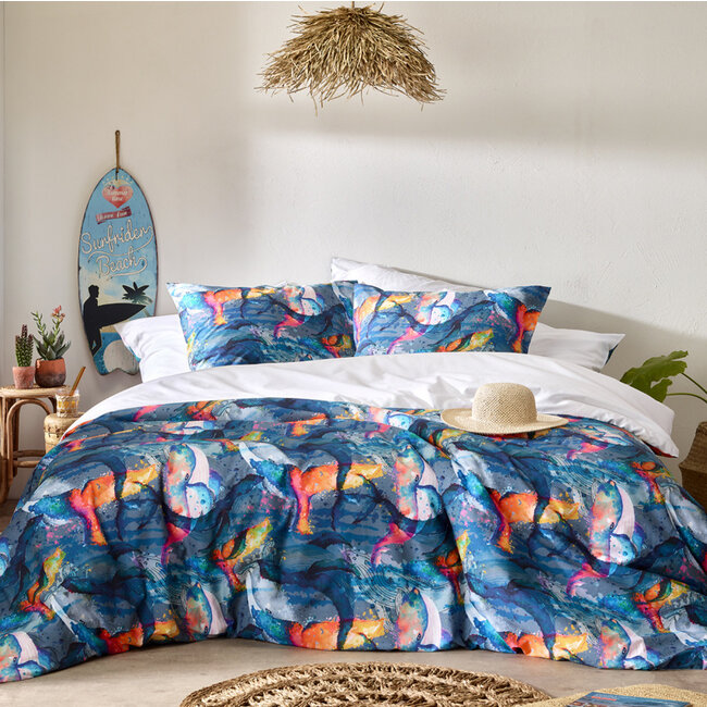 MerchandiseFever De Witte Lietaer Dekbedovertrek, Whales Deep Blue - 140 x 220 cm + 60 x 70 cm - Katoen Perkal