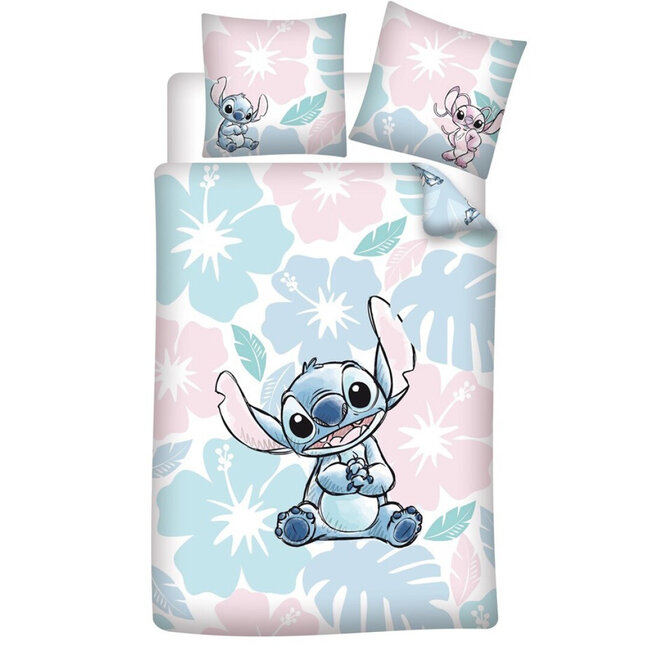 MerchandiseFever Disney Lilo & Stitch Dekbedovertrek, Tropical Flowers - Eenpersoons - 140 x 200 + 65 x 65 cm - Polykatoen
