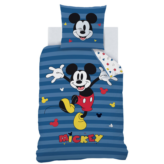 MerchandiseFever Disney Mickey Mouse Dekbedovertrek, Stripes - 140 x 200 cm + 63 x 63 cm - Katoen