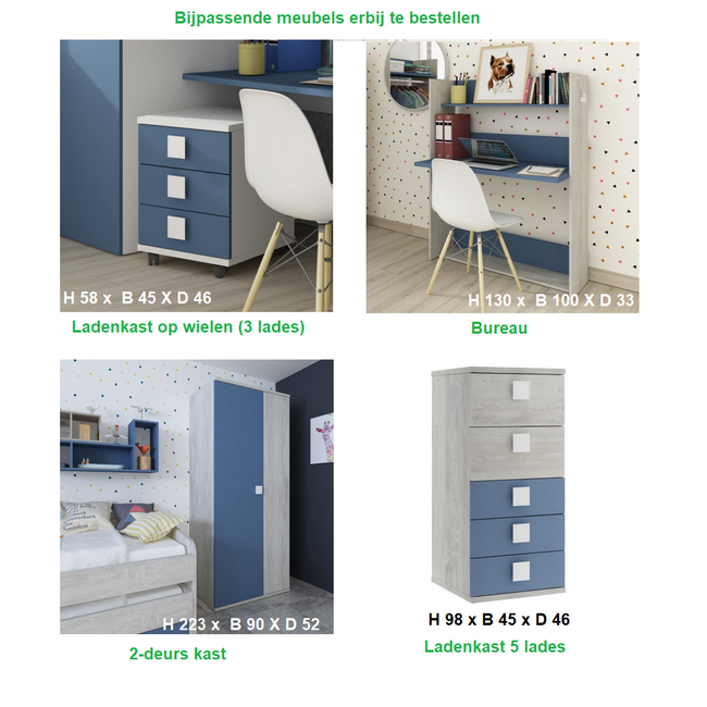 Trasman Kinderbed Jazz 90x200 cm met lades- Blauw/witgrenen