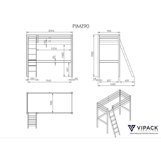 Vipack Hoogslaper Pino 90 x 200 cm - Wit