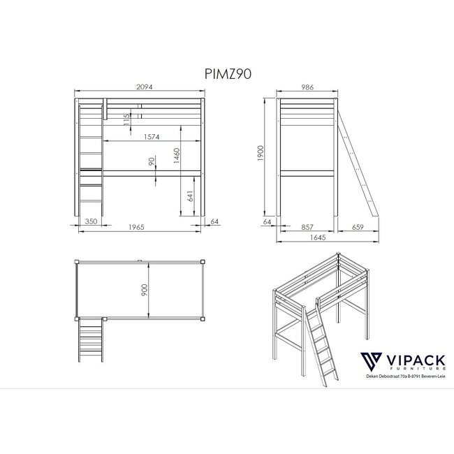 Vipack Hoogslaper Pino met bureaublad  90 x 200 cm - Wit