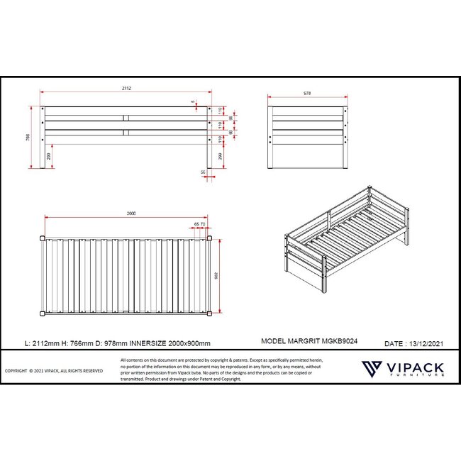 Vipack Vipack Kajuitbed Magrit- 90x200 cm- Wit/natuur- met slaaplade