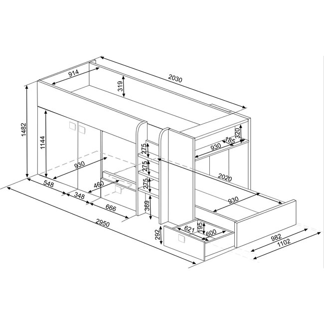 Trasman Stapelbed Maxim 90x200 cm- Eikenkleur/Wit met kast en opbergruimte