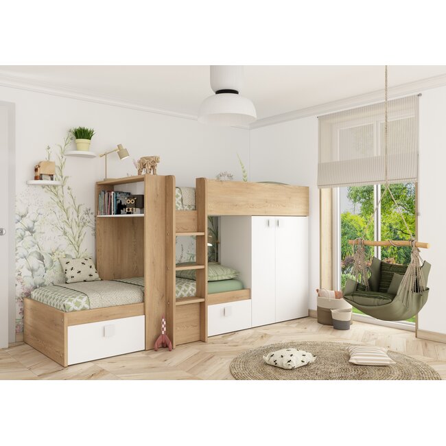 Trasman Stapelbed Maxim 90x200 cm- Eikenkleur/Wit met kast en opbergruimte