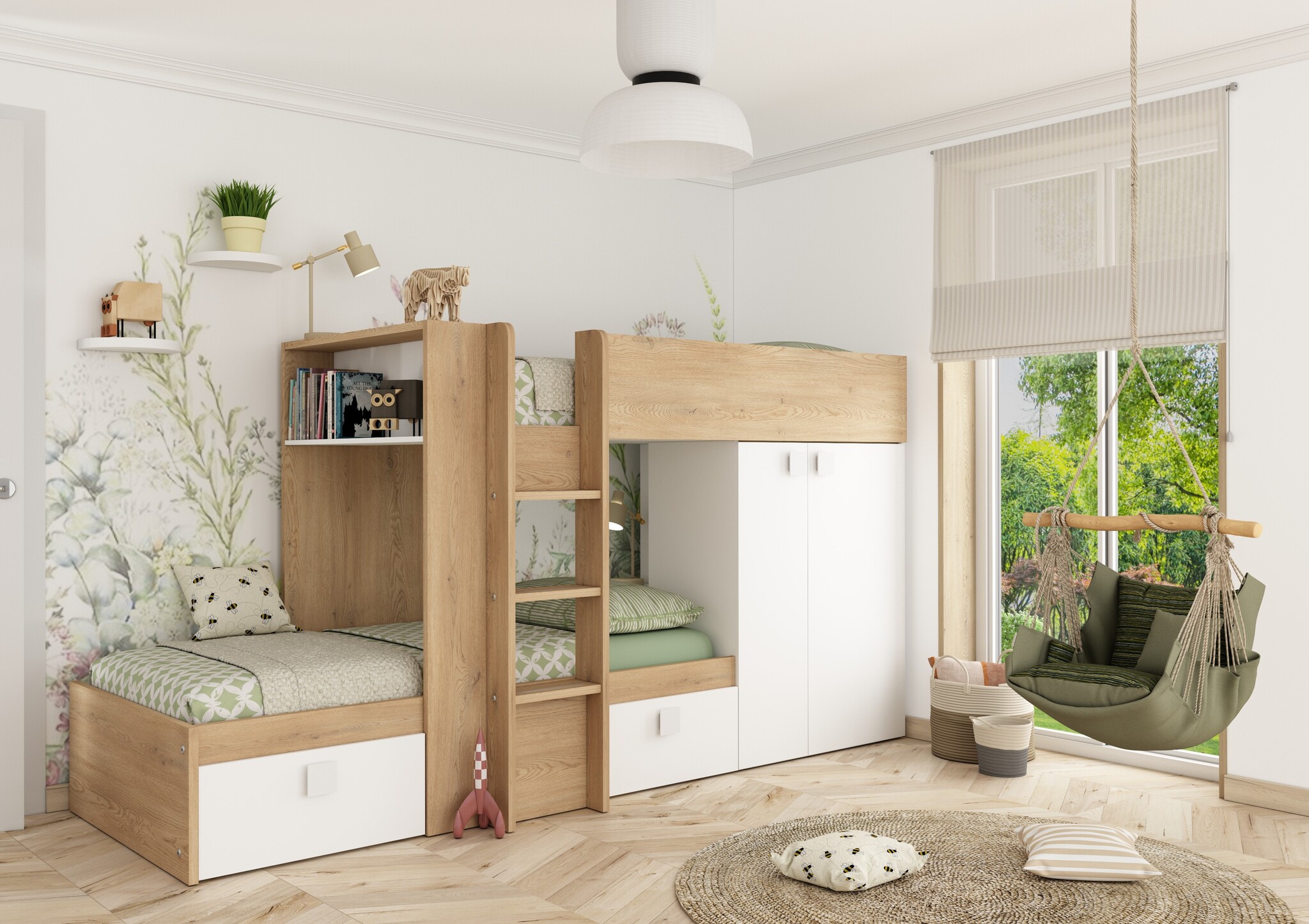 Stapelbed Maxim 90x200 cm- Eikenkleur/Wit met kast en opbergruimte