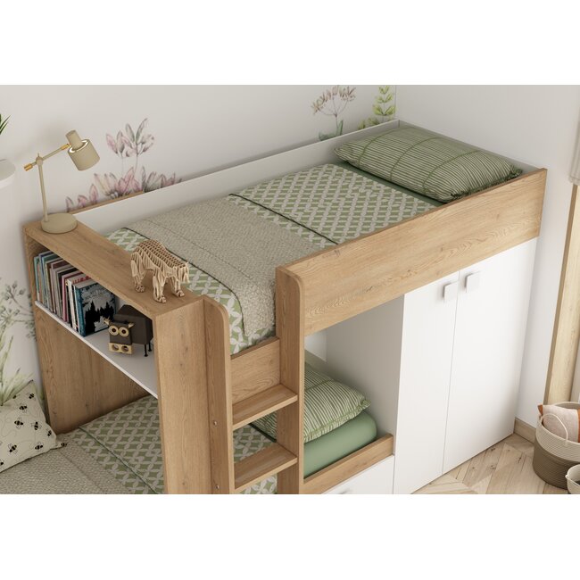 Trasman Stapelbed Maxim 90x200 cm- Eikenkleur/Wit met kast en opbergruimte