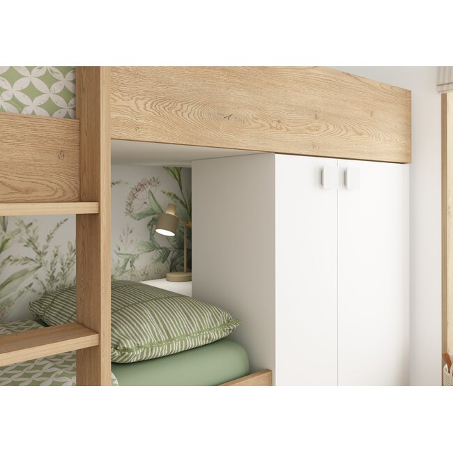 Trasman Stapelbed Maxim 90x200 cm- Eikenkleur/Wit met kast en opbergruimte
