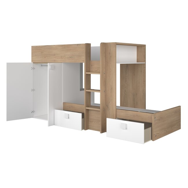 Trasman Stapelbed Maxim 90x200 cm- Eikenkleur/Wit met kast en opbergruimte