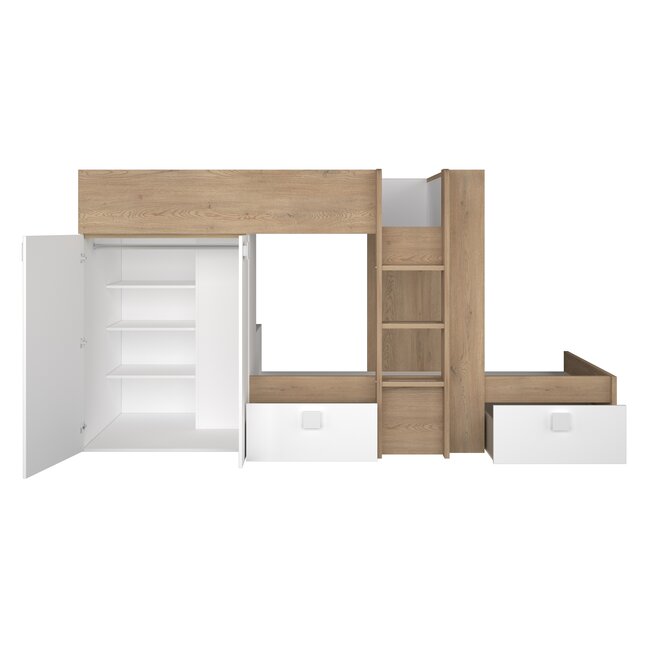 Trasman Stapelbed Maxim 90x200 cm- Eikenkleur/Wit met kast en opbergruimte