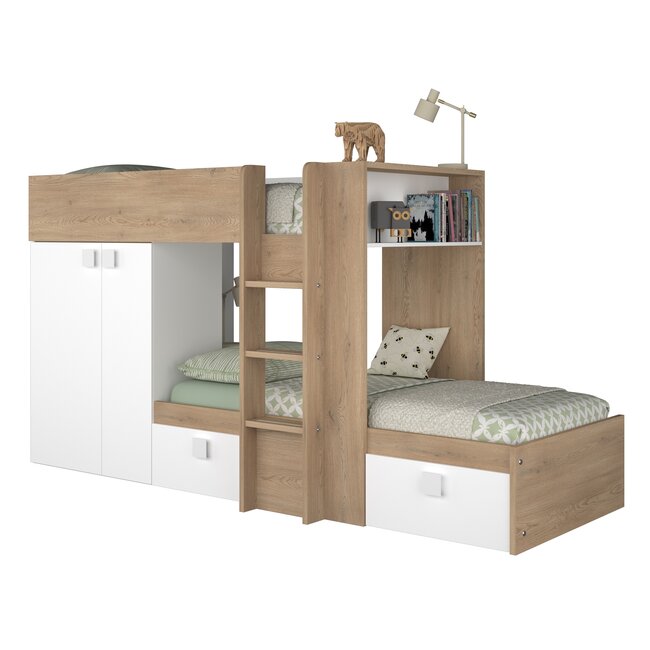 Trasman Stapelbed Maxim 90x200 cm- Eikenkleur/Wit met kast en opbergruimte