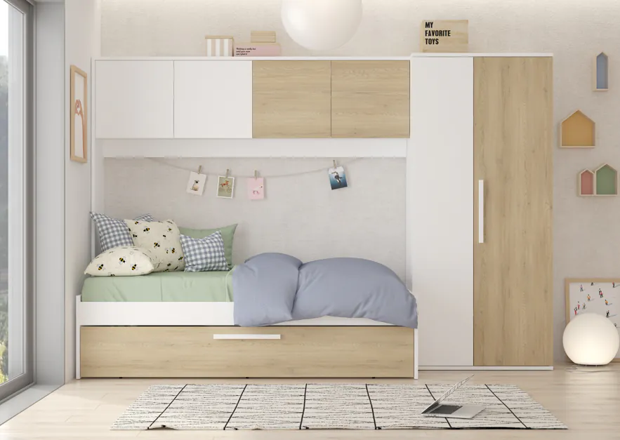 Kinderbed Artik met slaaplade en kast - Wit/Lichteiken