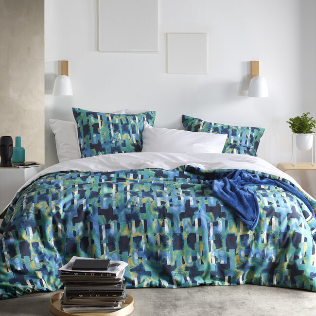 MerchandiseFever De Witte Lietaer Dekbedovertrek, Checkered Sea Green - 140 x 220 cm + 60 x 70 cm - Katoen Perkal