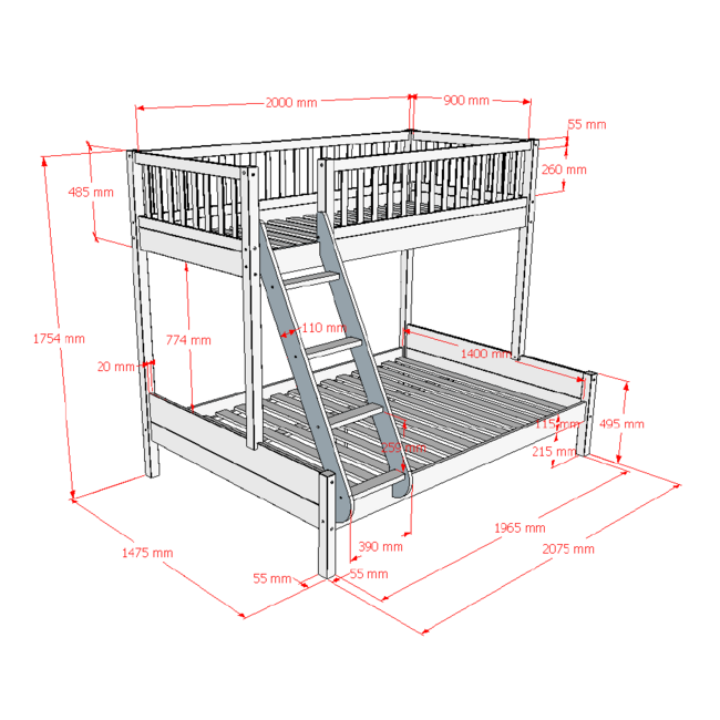 Vipack Vipack Seda 3-persoons stapelbed van beukenhout 90x200 + 140x200 cm