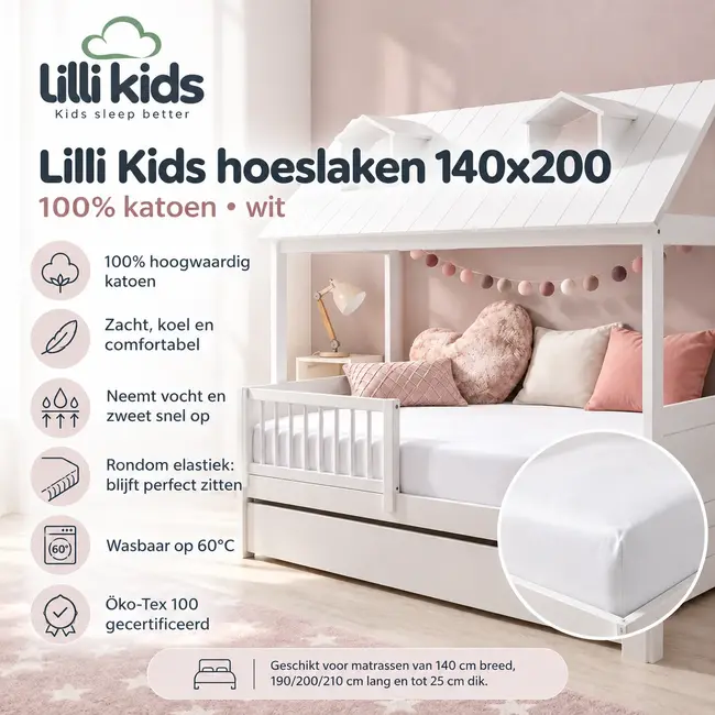 Lilli Furniture Lilli Kids Hoeslaken - 140x200 cm- 100% katoen- wit