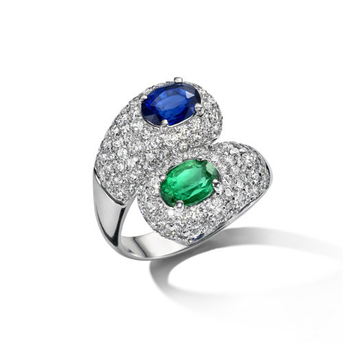 Leon Martens Ring in 18 karaat witgoude met blauwe saffier, smaragd en diamant Leon Martens Juwelier