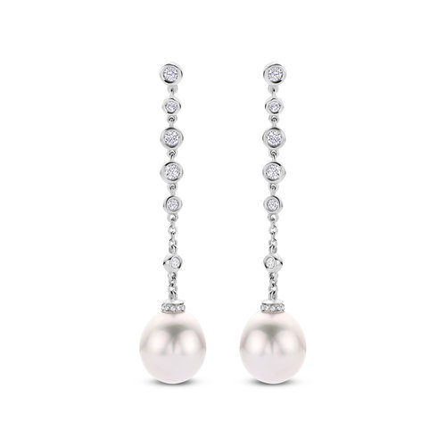 Leon Martens oorhangers in witgoud met diamanten en Zuidzee parels Leon Martens Juwelier