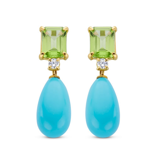 Leon Martens oorhangers in geelgoud met turquoise, peridoot en diamant Leon Martens Juwelier Leon Martens oorhangers in geelgoud met turquoise, peridoot en diamant Leon Martens Juwelier