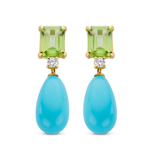 Leon Martens oorhangers in geelgoud met turquoise, peridoot en diamant Leon Martens Juwelier