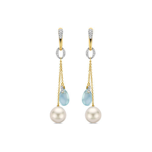 Leon Martens oorhangers in geelgoud met diamant, aquamarijn en Zuidzee parel Leon Martens Juwelier Leon Martens oorhangers in geelgoud met diamant, aquamarijn en Zuidzee parel Leon Martens Juwelier