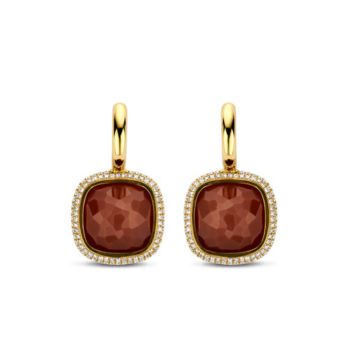 Tirisi oorhangers in geelgoud met bruine maansteen en diamant Leon Martens Juwelier Tirisi oorhangers in geelgoud met bruine maansteen en diamant Leon Martens Juwelier