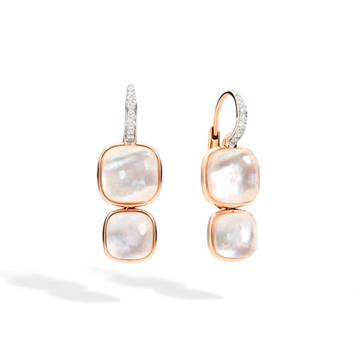Pomellato Nudo oorhangers in roségoud met witte topaas, parelmoer en diamant Leon Martens Juwelier