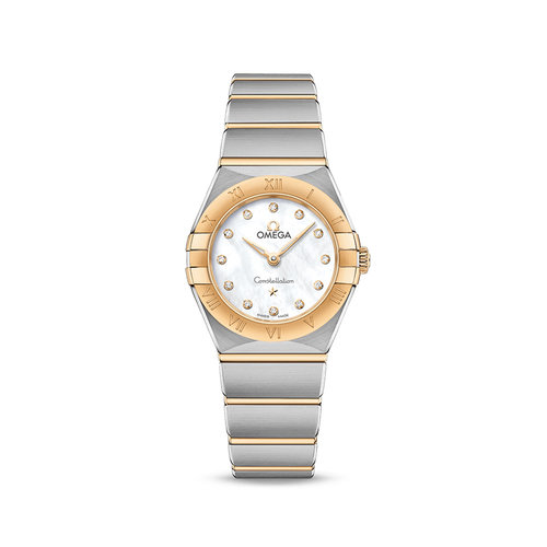 Omega Constellation Quartz 25 mm in staal met geelgoud en parelmoer met diamant Leon Martens Juwelier Omega Constellation Quartz 25 mm in staal met geelgoud en parelmoer met diamant Leon Martens Juwelier