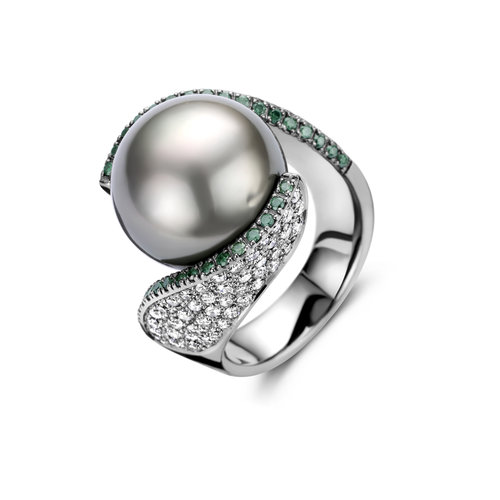 Leon Martens ring in witgoud met witte- en groene diamant en Tahiti parel Leon Martens Juwelier