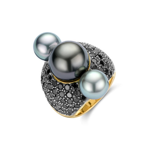 Leon Martens Shock ring in geelgoud met zwarte diamant met Tahiti parel Leon Martens Juwelier Leon Martens Shock ring in geelgoud met zwarte diamant met Tahiti parel Leon Martens Juwelier