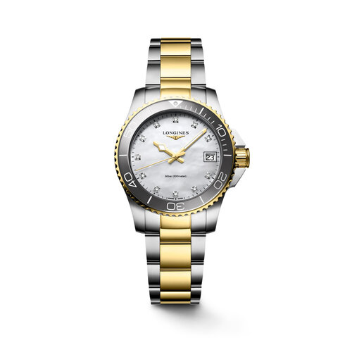 Longines Hydroconquest in staal met geelgouden PVD-coating, parelmoer en diamant Leon Martens Juwelier Longines Hydroconquest in staal met geelgouden PVD-coating, parelmoer en diamant Leon Martens Juwelier