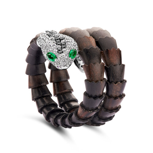 Leon Martens Snake armband in ebbenhout met witgoud en witte- en zwarte diamant met smaragd Leon Martens Juwelier