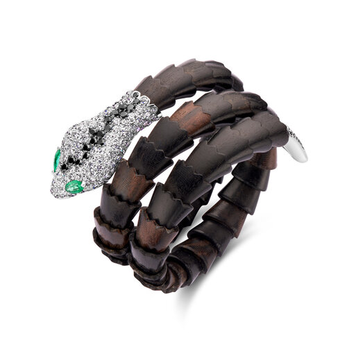 Leon Martens Snake armband in ebbenhout met witgoud en witte- en zwarte diamant met smaragd Leon Martens Juwelier