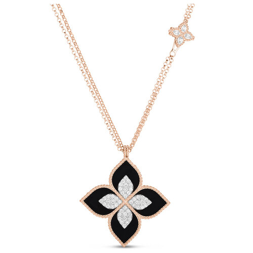 Roberto Coin  Princess Flower collier met hanger in roségoud met zwarte jade en diamant Leon Martens Juwelier